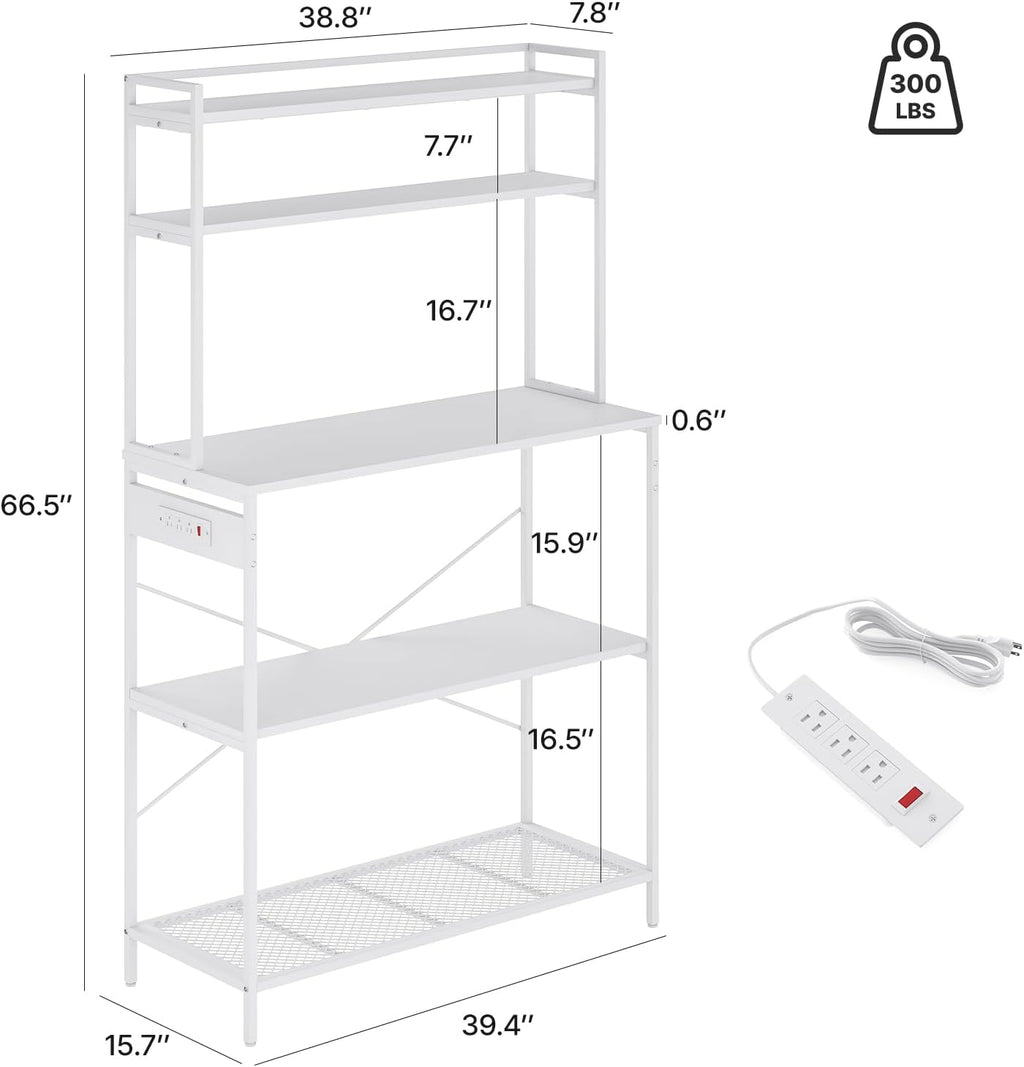 Large Bakers Rack with Power Outlet, 5-Tier Microwave Stand with Storage, Multifunctional Coffee Bar Organizer, Modern Minimalist Kitchen Storage Shelf for Home, Dining Room, Garage, White