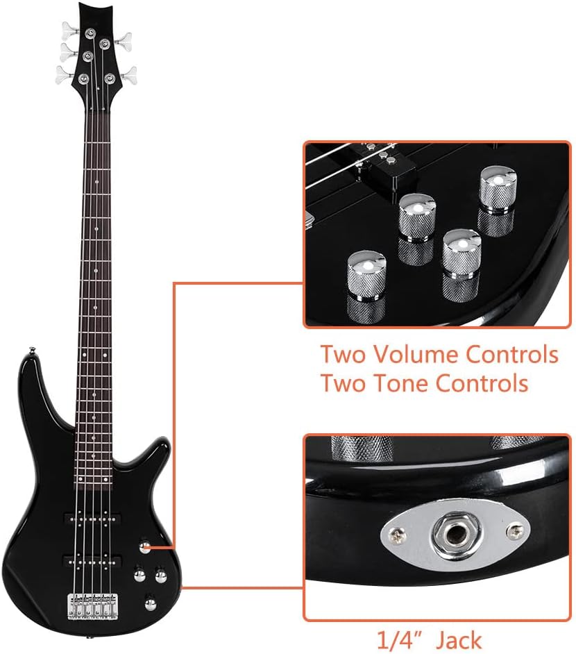 Ktaxon Electric Bass Guitar 5 String Bass Guitar with 20 Watt Amplifier, JB Type Pickup, Naturally air-dried Maple Neck, Rosewood Fretboard, Basswood Body(Black)