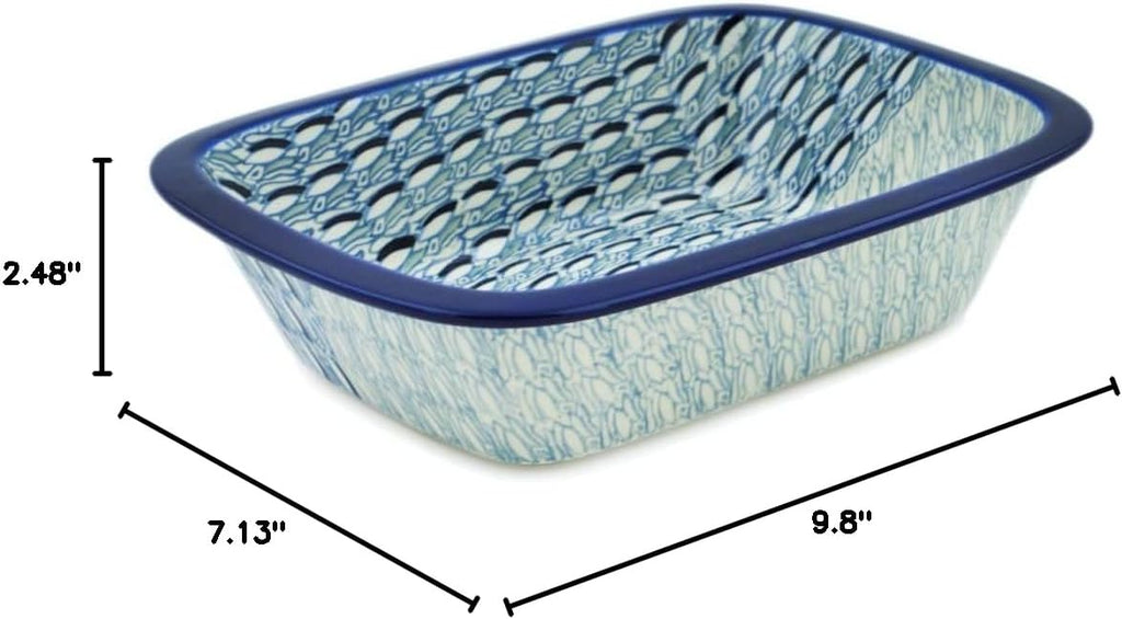 Polmedia Polish Pottery Rectangular Baker UNIKAT - Blue Wave Pattern Handmade in Boleslawiec Poland by Ceramika Artystyczna + Certificate of Authenticity
