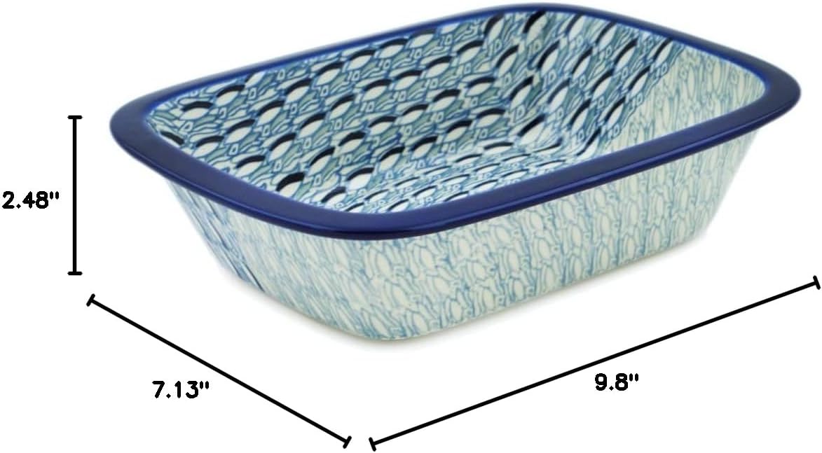 Polmedia Polish Pottery Rectangular Baker UNIKAT - Blue Wave Pattern Handmade in Boleslawiec Poland by Ceramika Artystyczna + Certificate of Authenticity