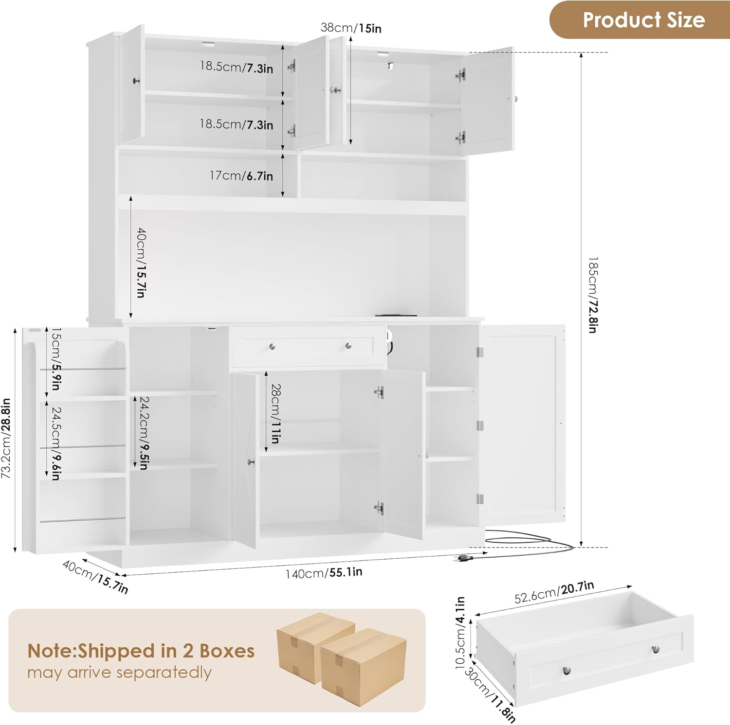 HIFIT 72.8' Tall Kitchen Pantry Cabinet with LED & Charging Station, 55' Wide Farmhouse Pantry Storage Cabinet with Microwave Stand&Shelves&Barn Doors, Kitchen Hutch Coffee Bar for Living Room, White