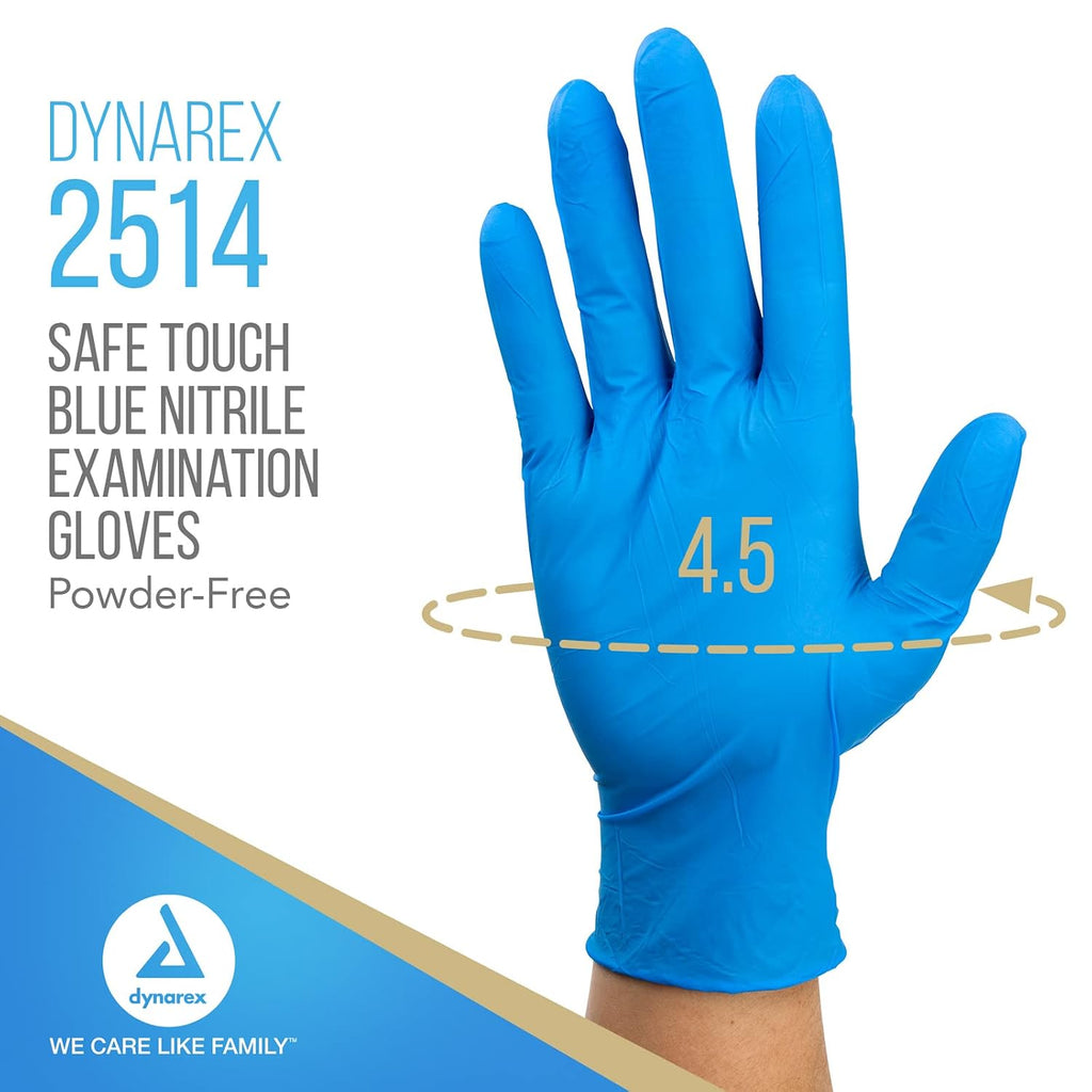 Dynarex Safe-Touch Disposable Nitrile Exam Gloves, Powder-Free, Latex-Free, Touchscreen Friendly & Used by Professionals, Blue, X-Large, 1 Case - 10 Boxes of 100 Gloves