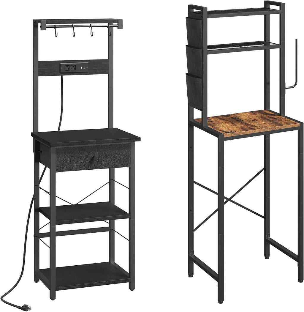 MAHANCRIS Bakers Rack with Mini Fridge Shelf and Bakers Rack with Drawer Bundle, Microwave Stand with Power Outlet, BRHR5401-BRBK48E01