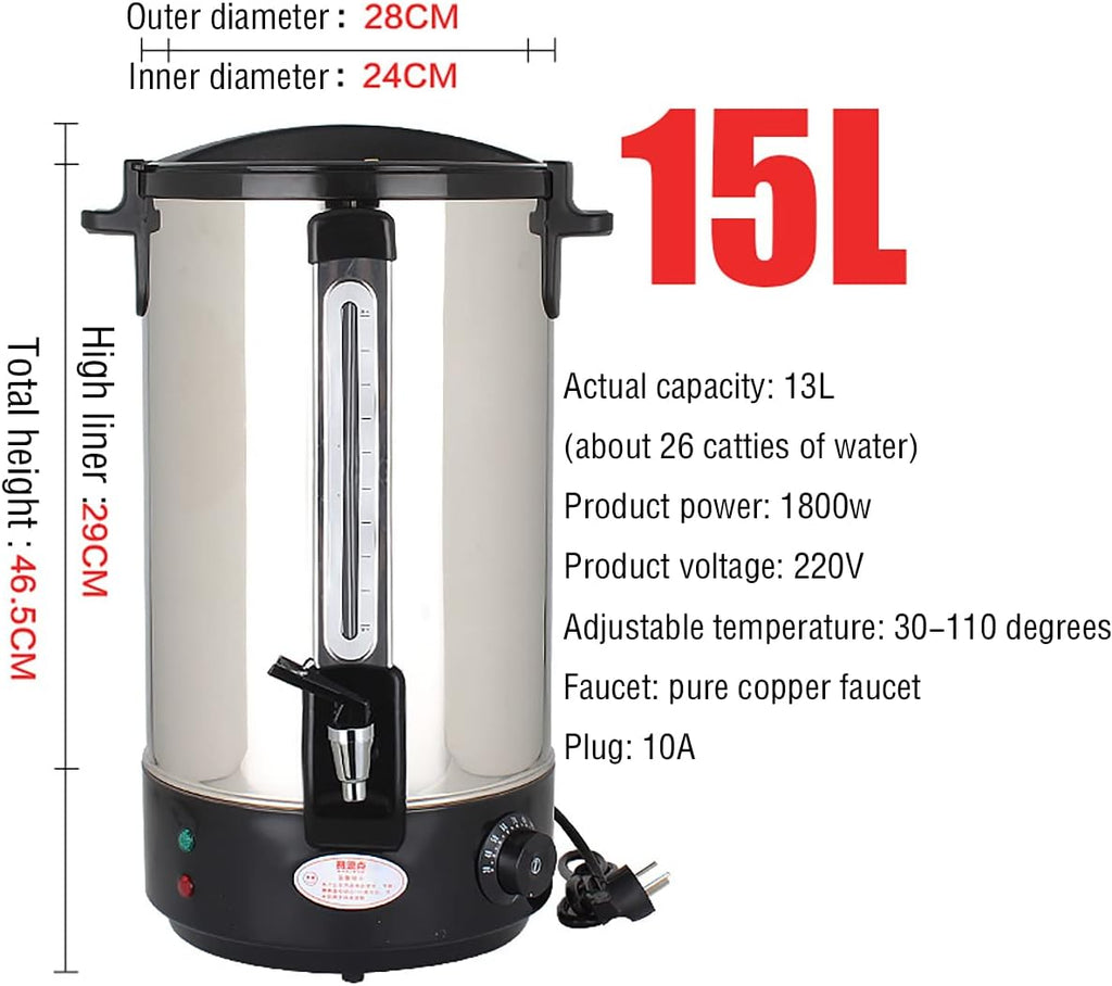 Electric Catering Urn Tea Boiler, Commercial Hot Water Boiler Dispenser, 30-110°C Temperature Control Knob, for Brewing/Buffet/Commercial,Black,15L