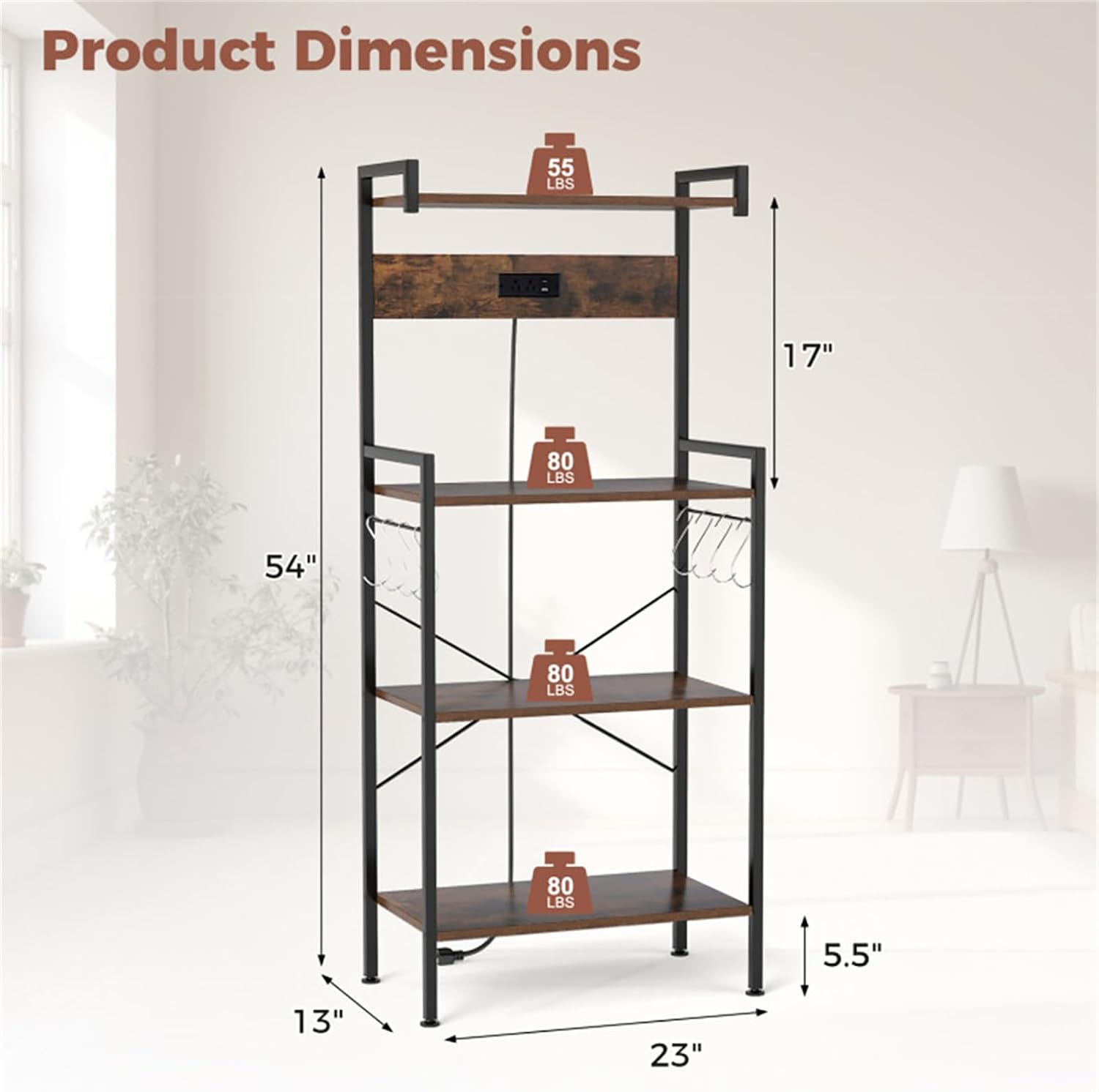 Kitchen Baker's Rack with Power Socket, Microwave Rack with 4 Shelves and 8 S-Shaped Hooks, Kitchen Storage Rack for Spices and Pots, Rustic Brown