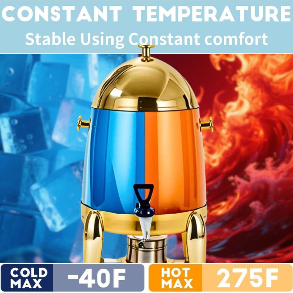 Coffee Urn With Fuel Holder, 3.17 Gallon/12L Stainless Steel Beverage Dispensers for Coffee Tea Hot Water, Hot Drink Dispenser with gold Stand, drink cooler for parties for events (Polised Gold)