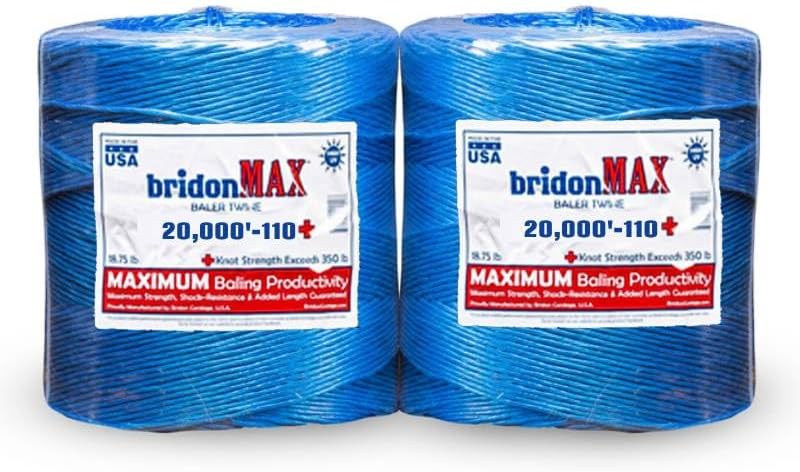 Bridon Max Blue Hay Baling Twine, 110 Pound Knot Strength and 20,000 Foot Length, 2 10,000 Foot Spools, Crop Baling, Christmas Tree wrap (4)