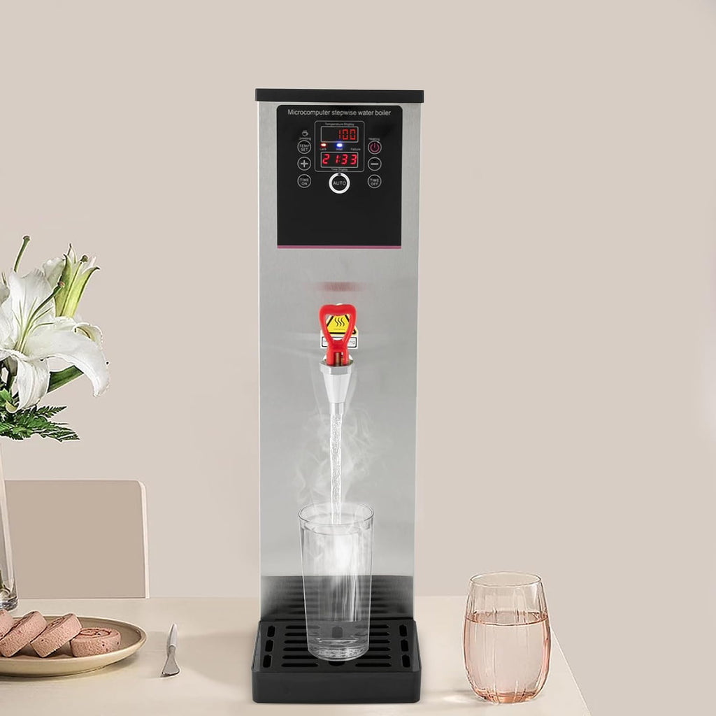 15L Silver Electric Water Boiler, 110V Commercial Hot Water Dispenser w/Timer, Stainless Steel Tea Urn Warmer, 1500W Catering Kettle for Office Kitchen, Adjustable Temp Thermo Pot, Spigot Tap