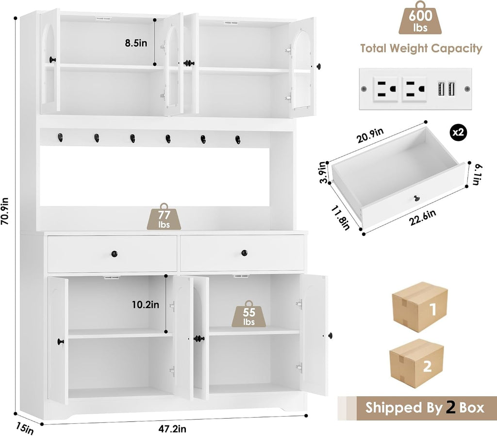 71' LED Kitchen Pantry Cabinet with Power Outlet, Large Kitchen Hutch Storage Cabinet with Arched Door & Shelves & 2 Drawers, Tall Modern Coffee Bar with Hutch for Home Dining Living Room, White