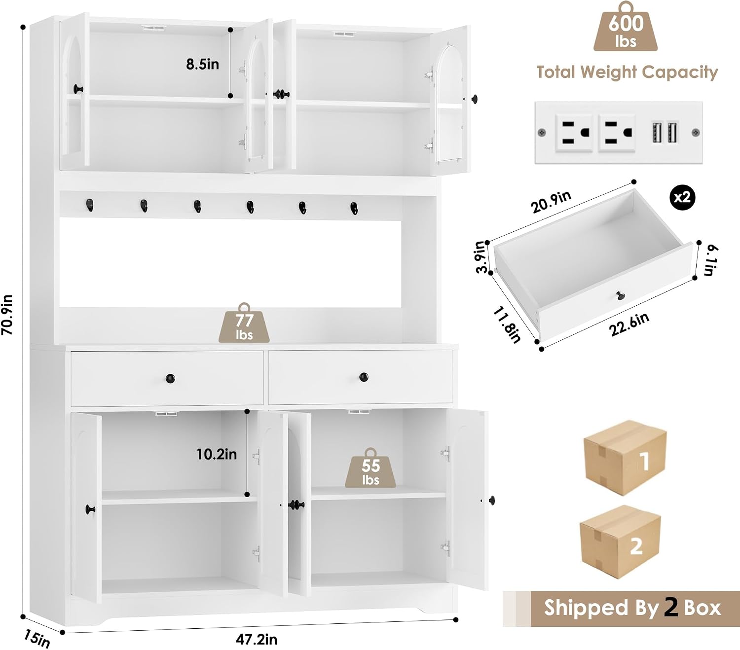 71' LED Kitchen Pantry Cabinet with Power Outlet, Large Kitchen Hutch Storage Cabinet with Arched Door & Shelves & 2 Drawers, Tall Modern Coffee Bar with Hutch for Home Dining Living Room, White