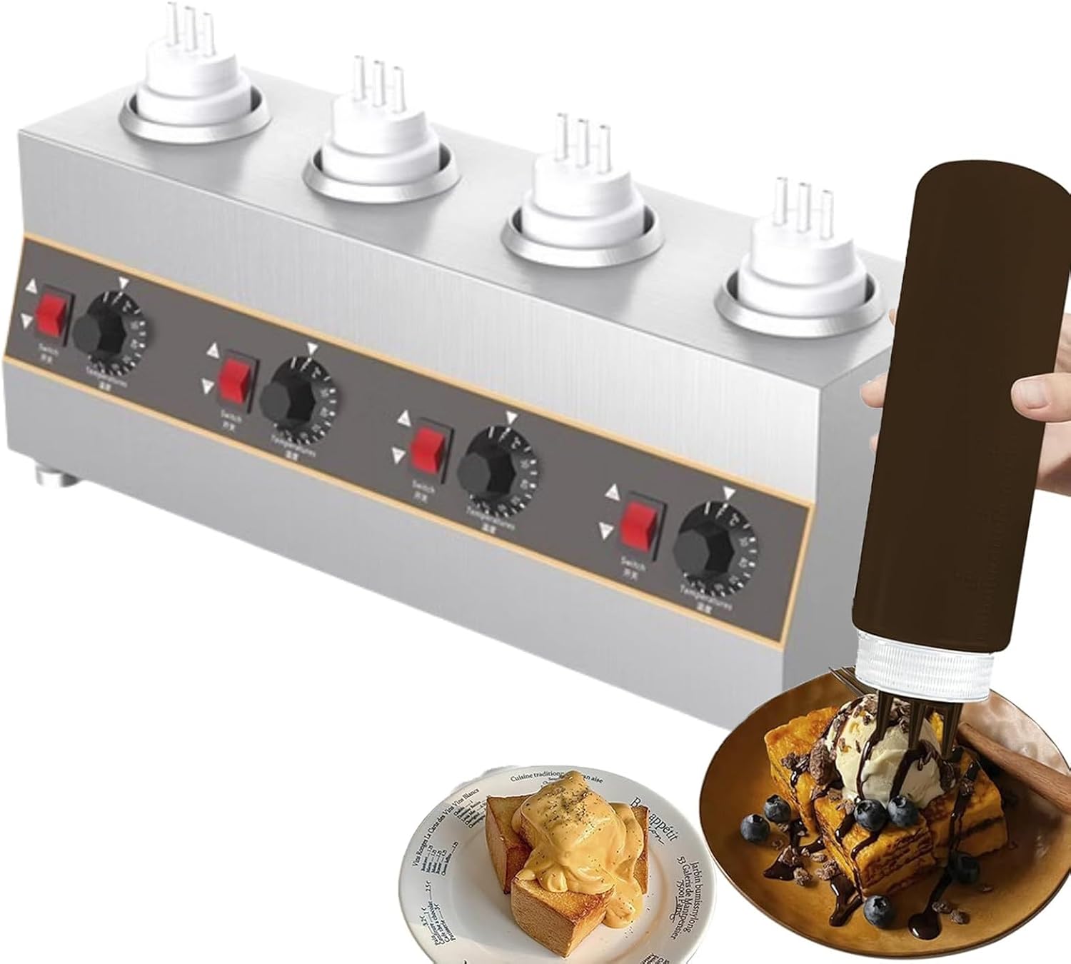 Countertop Stainless Steel Sauce Bottle Warmer, Electric Cheese Sauce Warmer, Commercial Cheese Dispenser, With Bottles, Independent Temperature Control, For Heating Chocolate, Butter And Jam 4网格
