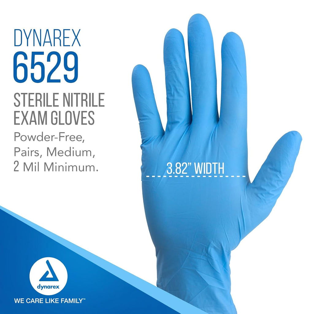 Dynarex Sterile Disposable Nitrile Exam Gloves, Powder-Free, Sterilely Packaged in Pairs, Textured Palms, Blue, Medium, 1 Case - 8 Boxes of 50 Pairs