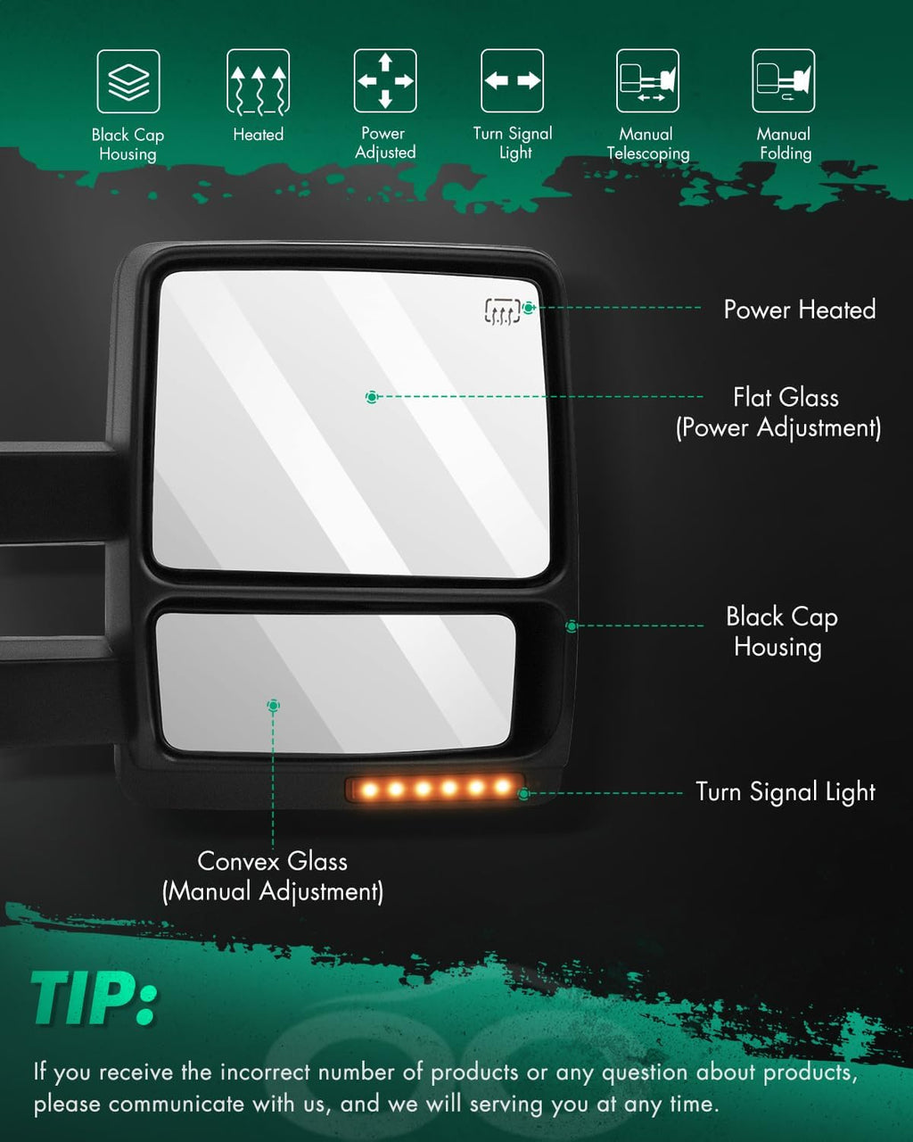 SCITOO Towing Mirrors fit for 2007-2014 for Ford for F150 Pickup Truck Driver Passenger Side Black Power Heated Turn Signal Puddle Light Pair Mirrors