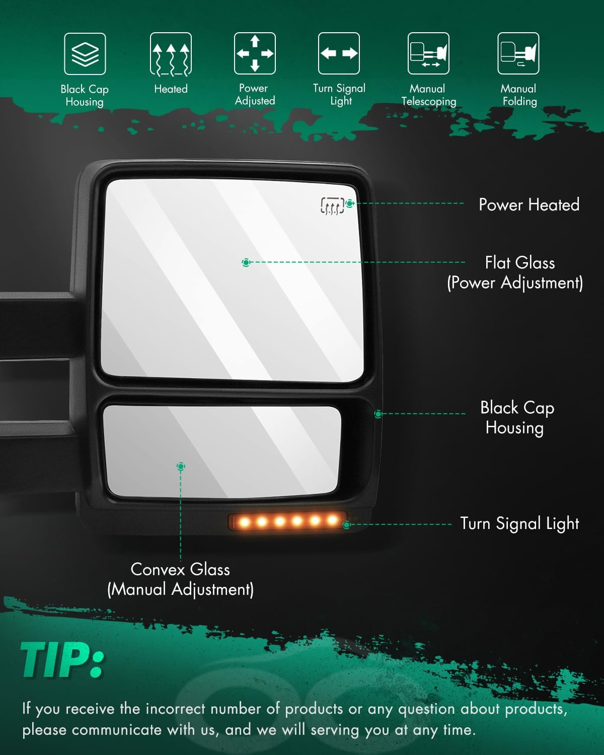 SCITOO Towing Mirrors fit for 2007-2014 for Ford for F150 Pickup Truck Driver Passenger Side Black Power Heated Turn Signal Puddle Light Pair Mirrors