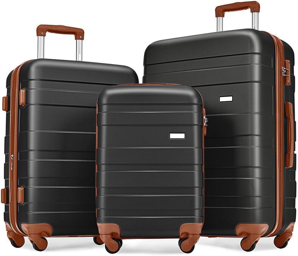Merax 3 Piece Luggage Set ABS Hardshell Lightweight Suitcase Sets Spinner Wheels Suitcase with TSA Lock, 20' 24' 28', Black Brown