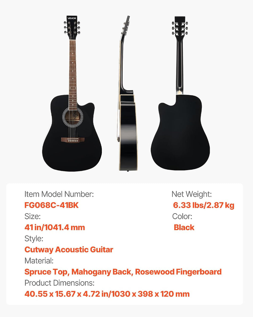 VEVOR Cutway Acoustic Guitar, 41 in, 6-String Black Solid Spruce Top Guitar, Beginner Bundle with Gig Bag, Tuner, Strap, Strings, Picks, Capo, Rosewood Fingerboard, for Adult Fingerstyle Solo Jazz