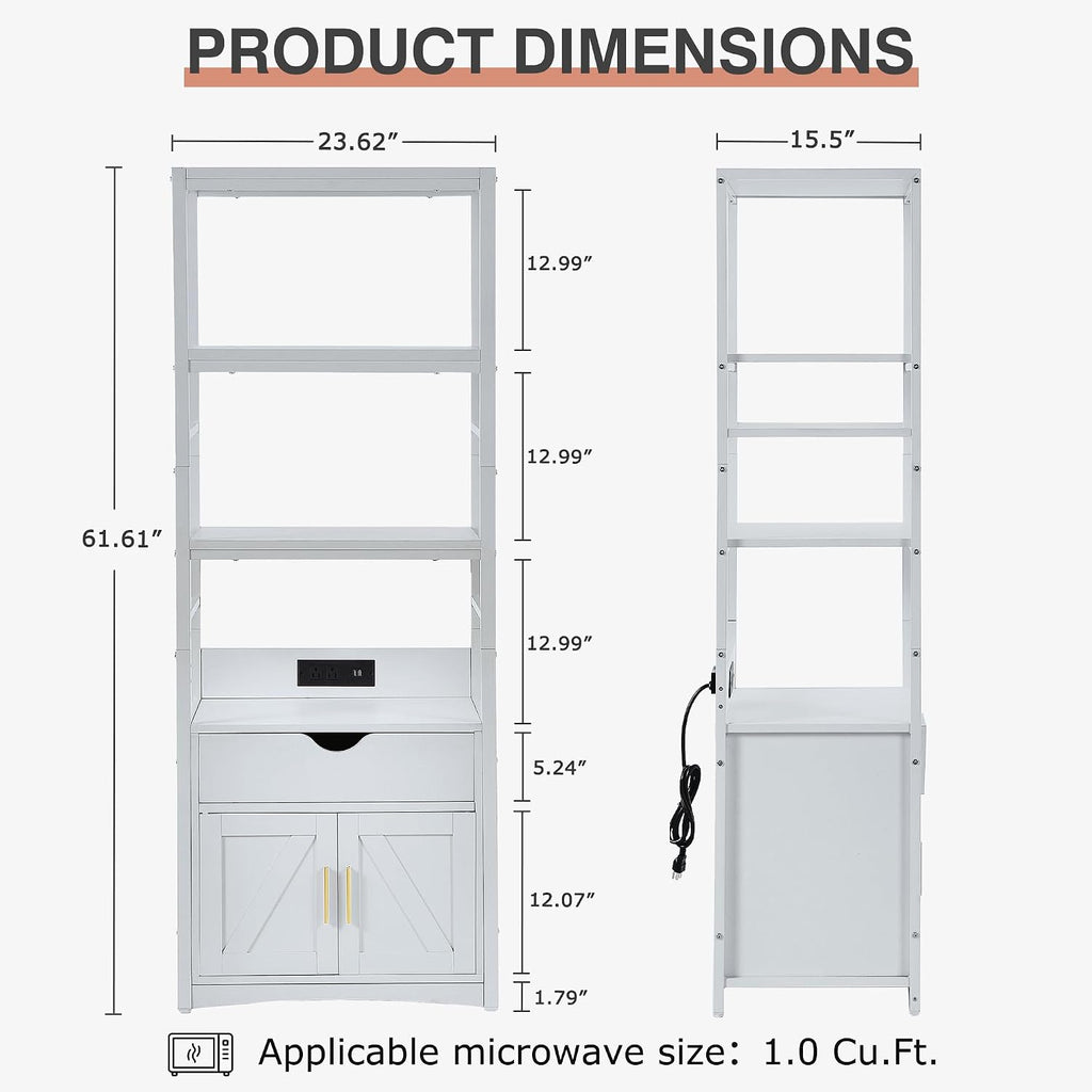 VECELO 3-Tier Microwave Stand with Power Outlet & USB Ports, 15.5' Deep Kitchen Pantry Cabinet, Fits 1.0 Cu.Ft Microwave, Farmhouse Coffee Bar Storage for Kitchen, Bright White
