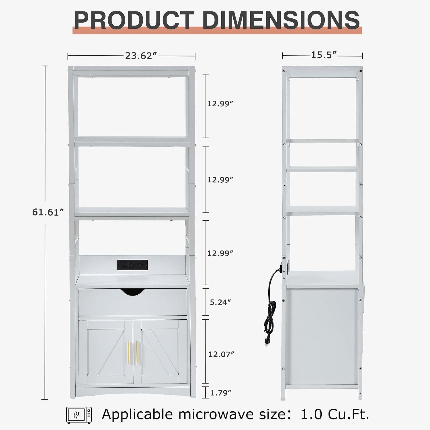 VECELO 3-Tier Microwave Stand with Power Outlet & USB Ports, 15.5' Deep Kitchen Pantry Cabinet, Fits 1.0 Cu.Ft Microwave, Farmhouse Coffee Bar Storage for Kitchen, Bright White