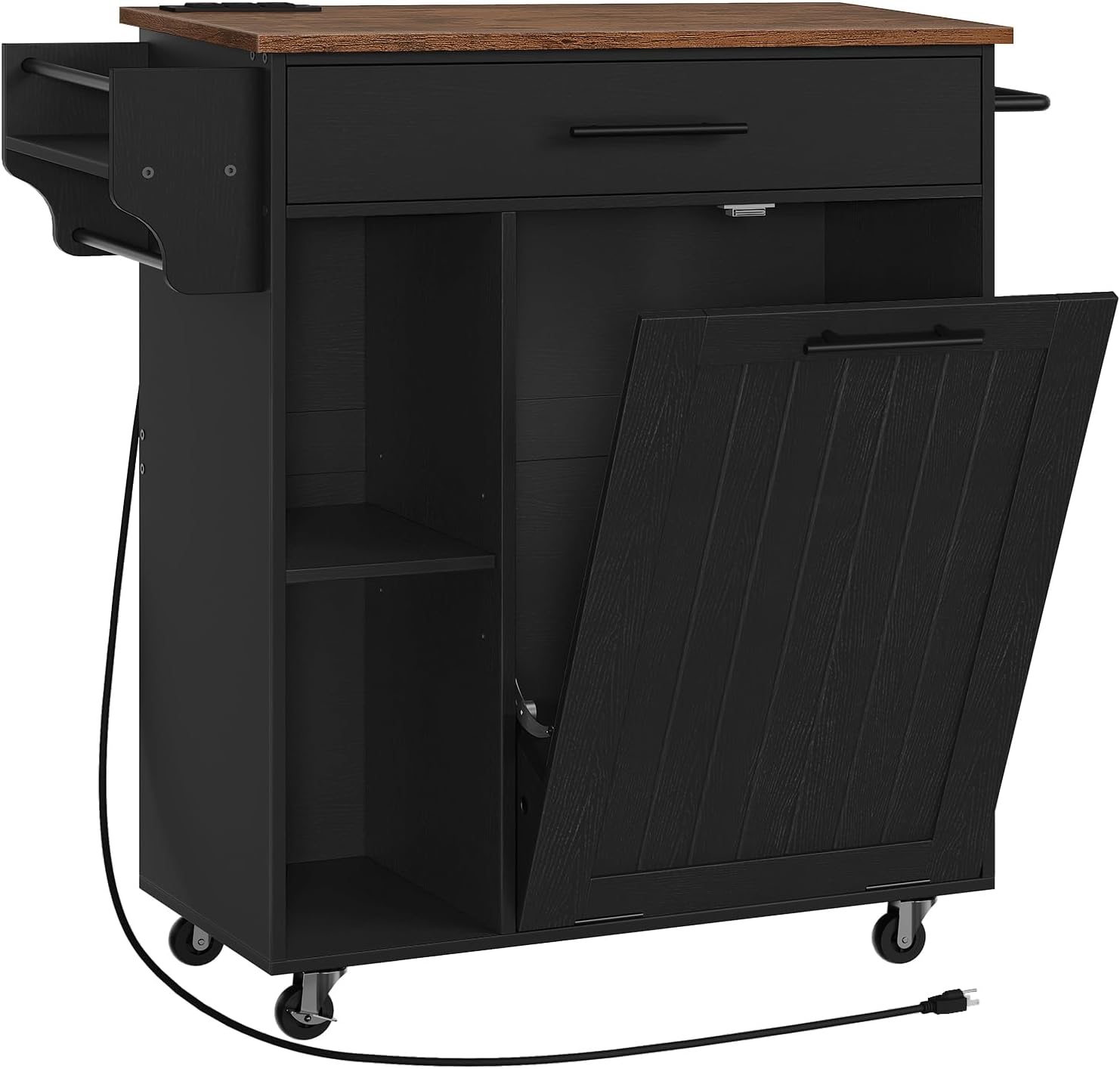 HOOBRO Kitchen Island with Trash Can Storage, Rolling Kitchen Island on Wheels, Mobile Island Cart with Power Outlet, Islands Table for 10 Gallon Garbage Bin, Rustic Brown and Black BF80UZD01G1