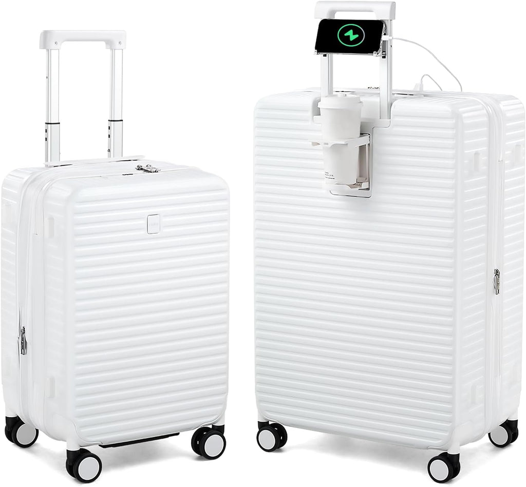 HanTrip Hard Shell Suitcases Expandable Travel Luggage Sets 2 Piece, Carry on and Check in Luggage Lightweight Suitcase Set 2 Piece with Wheels Cup Holder Charger Built in (White, 20/28)