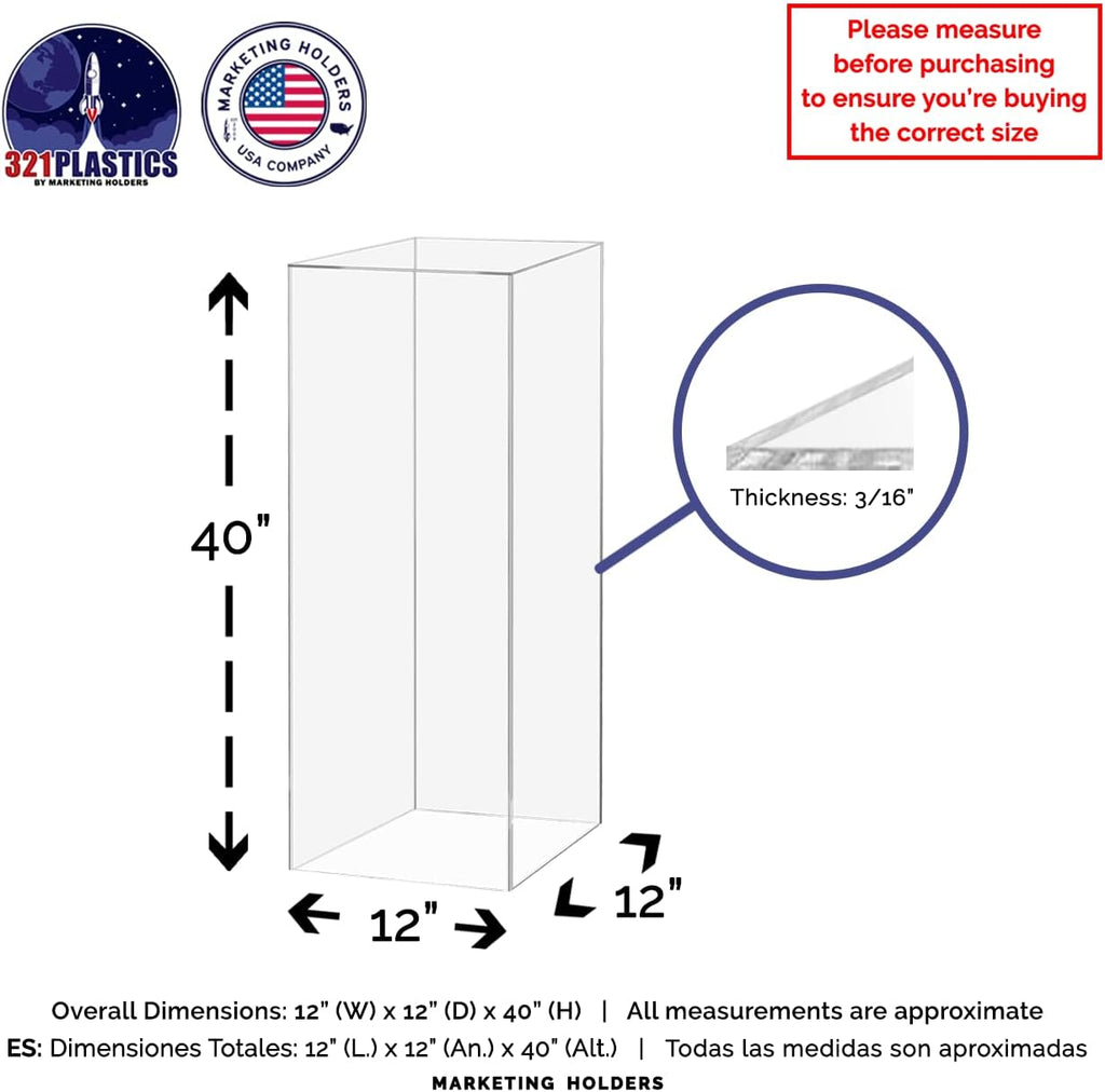 Clear Acrylic Box Pedestal 12' x 12' x 40' with Base Tall Pillar Flower Tower Hollow POP Display Plexiglass 5 Sided Merchandise Show Case by Marketing Holders