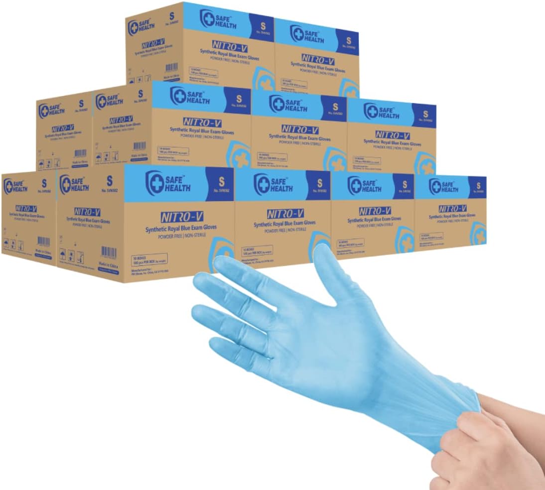 Safe Health NITRO-V Nitrile-Vinyl Synthetic Exam Disposable Gloves, Bulk Supply of 16000, Latex Free, Powder Free, Blue, Small, Medical Grade, Clinic, Nursing, Food, Hair Salon, Cleaning, Housework