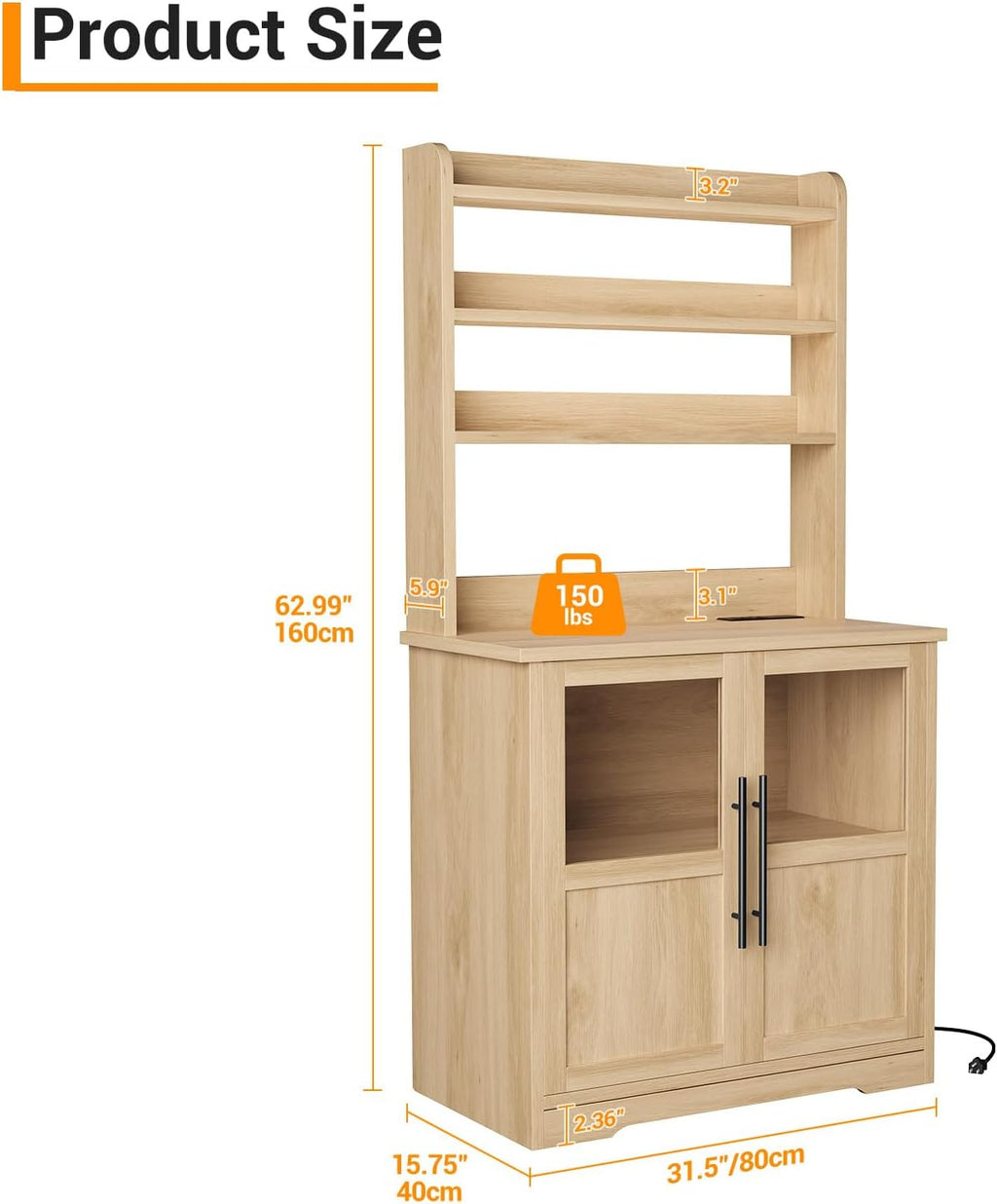 Microwave Stand Bakers Rack Cabinet with Power Outlet and Thickened Counter, Freestanding Farmhouse Coffee Bar Cabinet, Tall Kitchen Pantry Hutch with Glass Doors for Dining Room