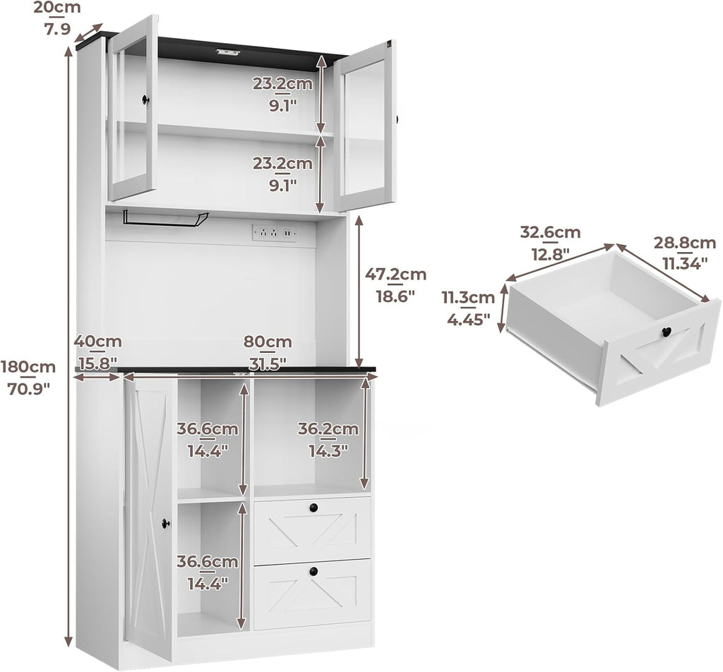 71''Kitchen Pantry Storage Cabinet with LED Lights and Power Outlet, Tall Farmhouse Kitchen Hutch with Microwave Stand,Globet Hooks and Adjustable Shelf for Dining Living Room,White