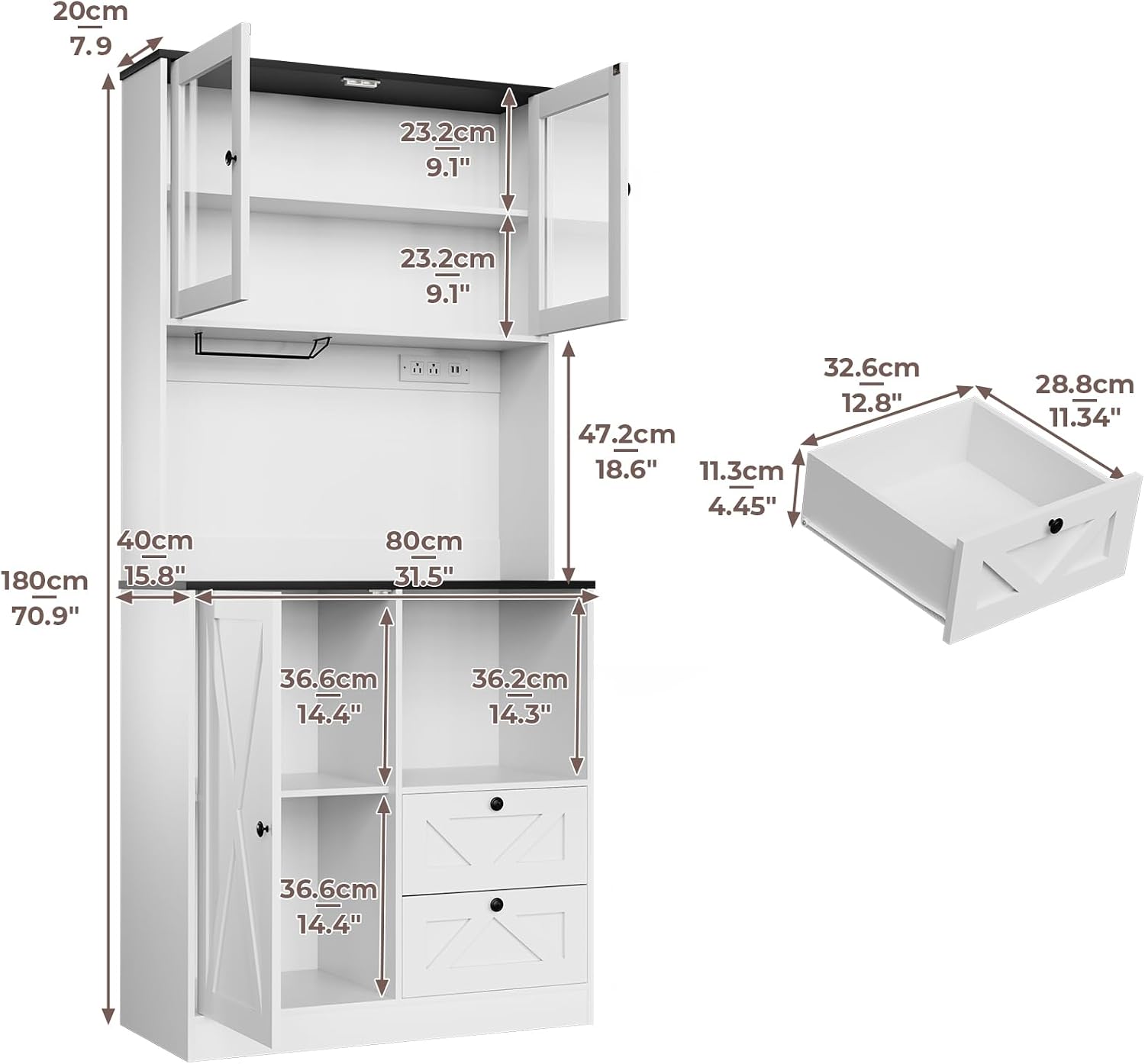 71''Kitchen Pantry Storage Cabinet with LED Lights and Power Outlet, Tall Farmhouse Kitchen Hutch with Microwave Stand,Globet Hooks and Adjustable Shelf for Dining Living Room,White