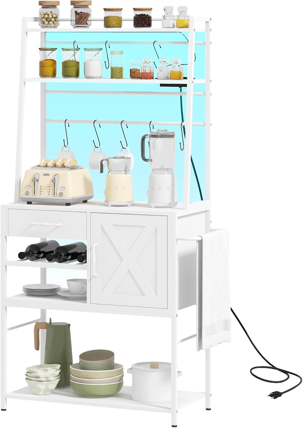 Rack with Power Outlet and LED Lights, Coffee Bar with Storage Shelves, Industrial Microwave Stand with Wine Bottle Rack, Drawer, Barn Door Cabinet, White
