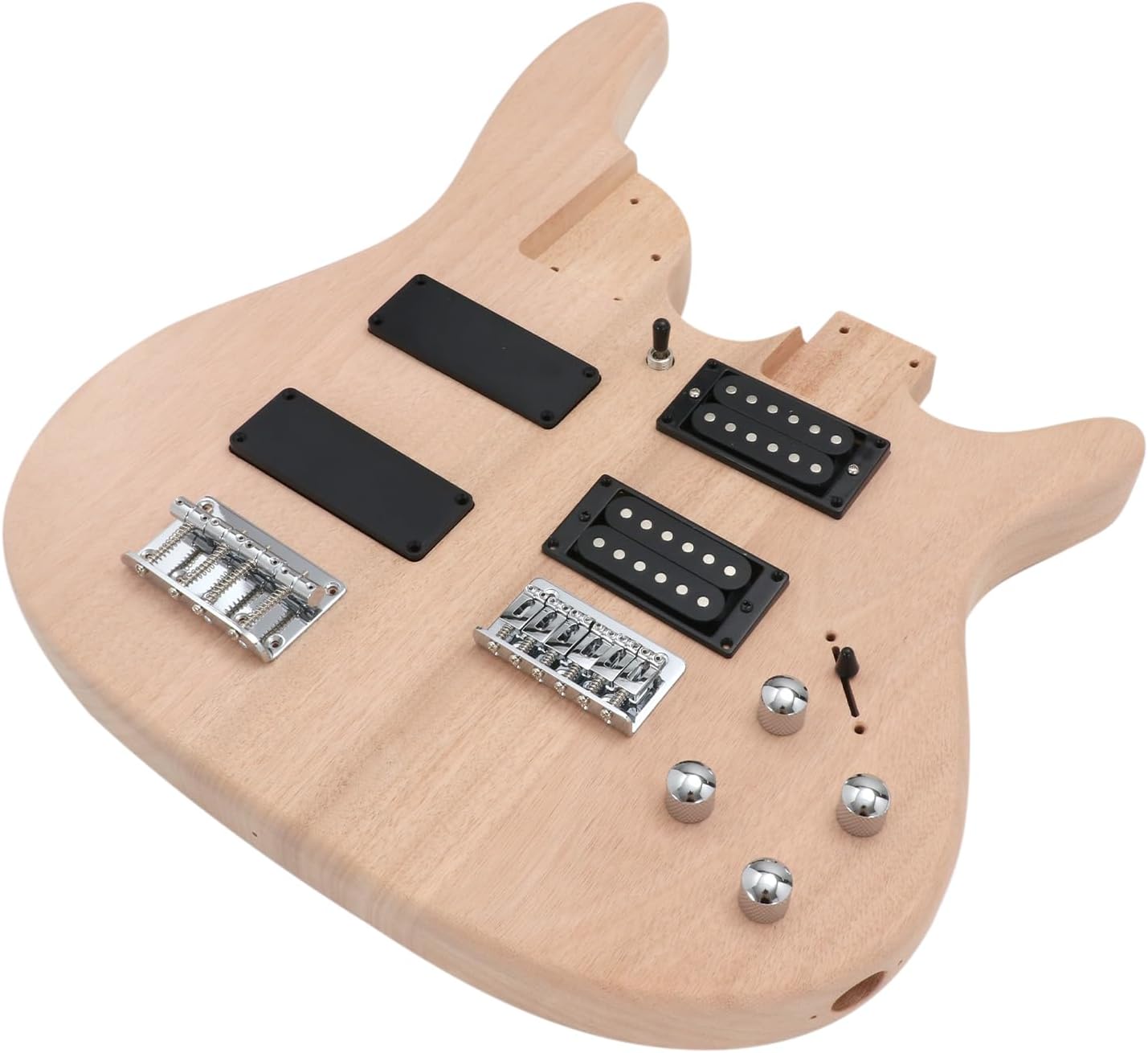 Double Neck DIY Electric Guitar and Bass Kit 6 String and 4 String Guitar Kit Right Handed with Mahogany Body Mahogany Neck Rosewood Fretboard Chrome Hardware Build Your Own Bass and Guitar.