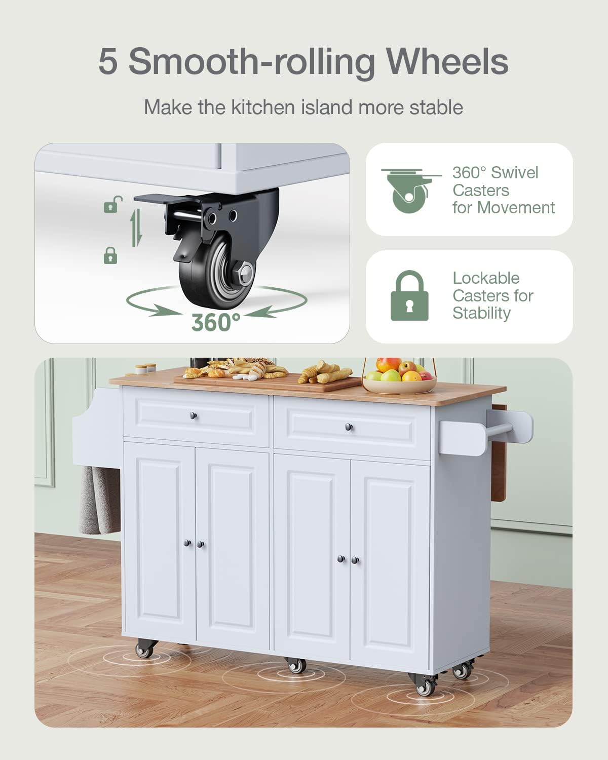 QSun Kitchen Island on Wheels Kitchen Cart with Rubber Wood Top, Mobile Kitchen Island with Double Storage Cabinet and Drawers, Island Table for Kitchen (White)