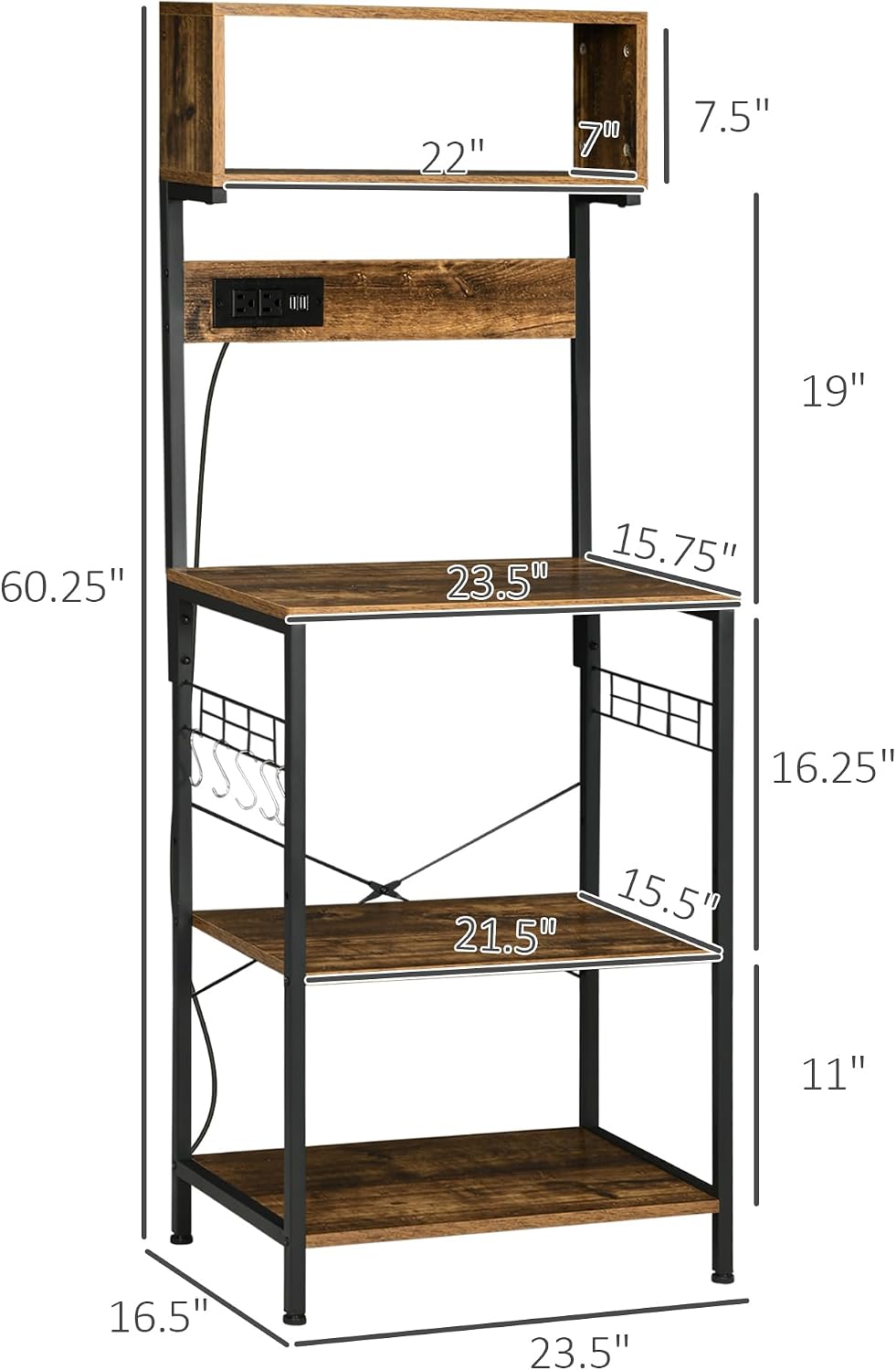 Kitchen Bakers Rack with Power Outlet, USB Charger - Microwave Stand & Coffee Bar, Adjustable Shelves, 5 Hooks, Rustic Brown