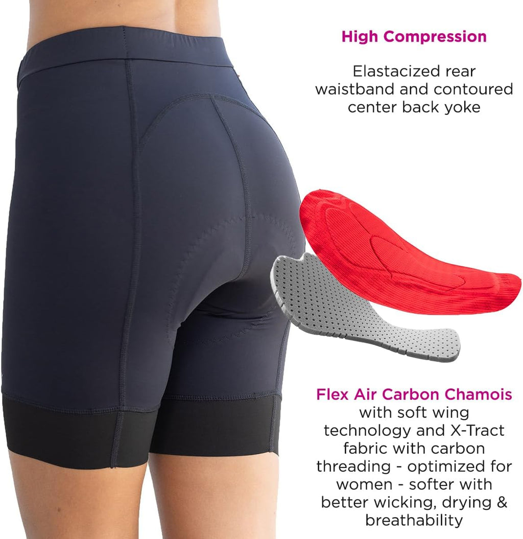 Terry Bella Prima Bike Shorts Womens Padded Bike Shorts 8.5' Inseam Compression Silicone Leg Cycling Shorts Premium Chamois