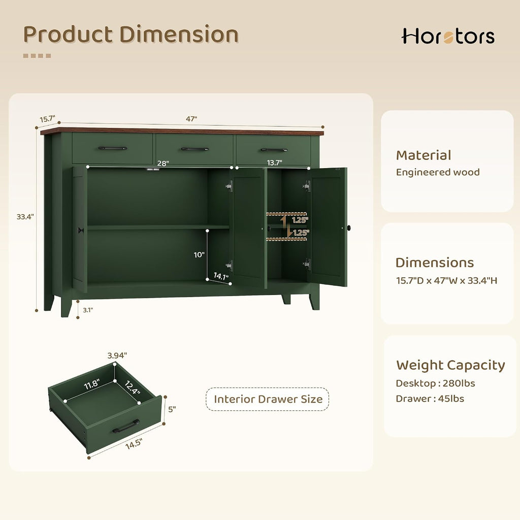 HORSTORS 47' Buffet Cabinet with Storage, Kitchen Buffet Table with Drawers, Modern Farmhouse Coffee Bar Storage Cabinet with Adjustable Shelf, Wood Sideboard for Dining Room, Kitchen, Entryway, Green