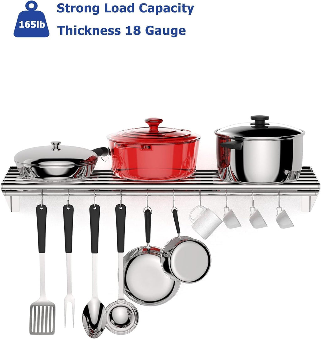 GAOMON 2 Pack Wall Mount Shelves 12' x 36' NSF Certified Stainless Steel with 10 S Hooks - Versatile Metal Storage Racks with Backsplash for Organizing Cookware in Home and Kitchen