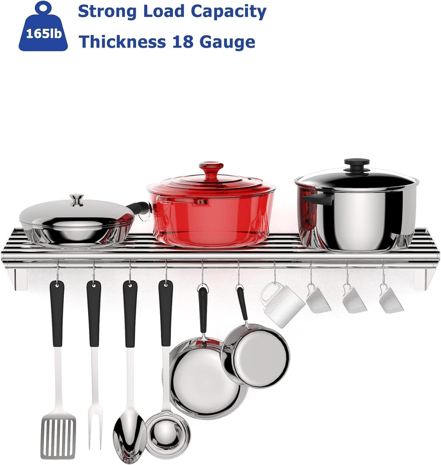 GAOMON 2 Pack Wall Mount Shelves 12' x 36' NSF Certified Stainless Steel with 10 S Hooks - Versatile Metal Storage Racks with Backsplash for Organizing Cookware in Home and Kitchen
