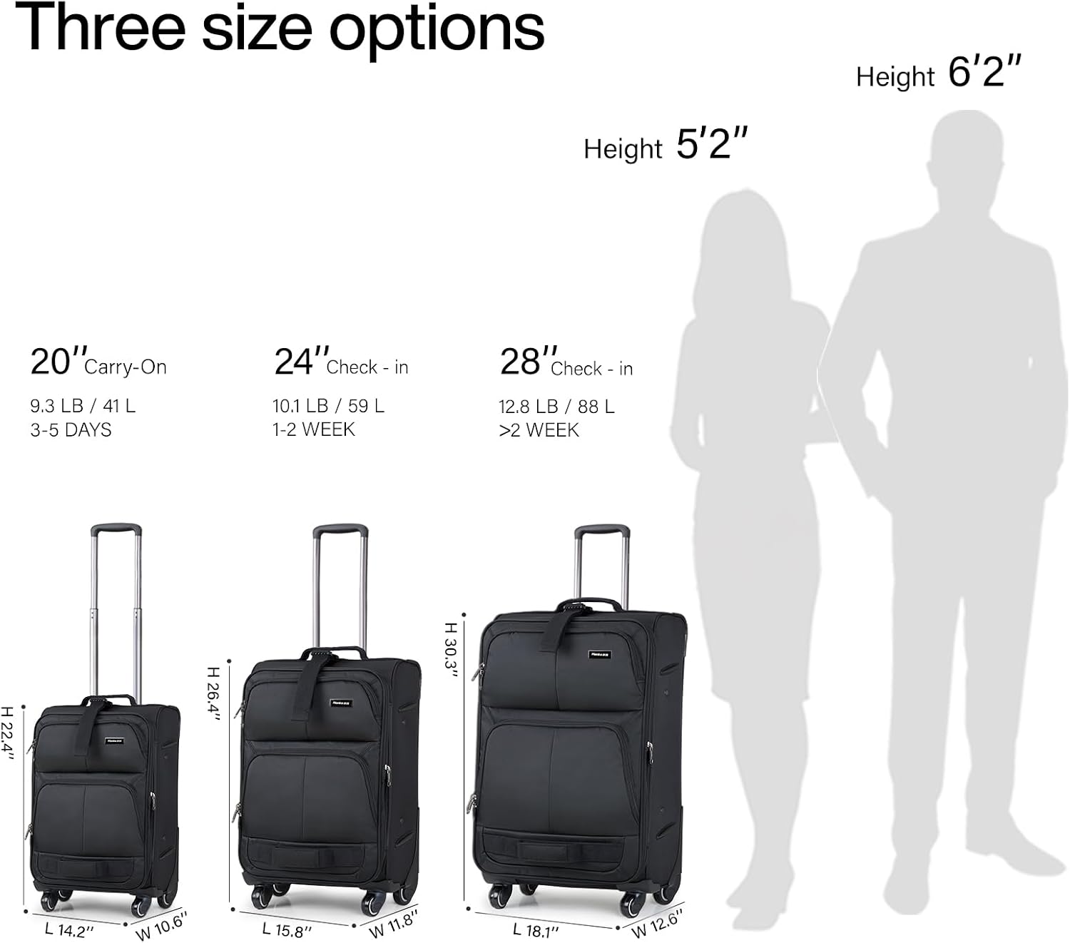 Hanke Luggage Sets 2 Piece Softside Expandable Luggage With Spinner Wheels TSA Lock,Travel Luggage Rolling Suitcase Checked Luggage Black(20/28)