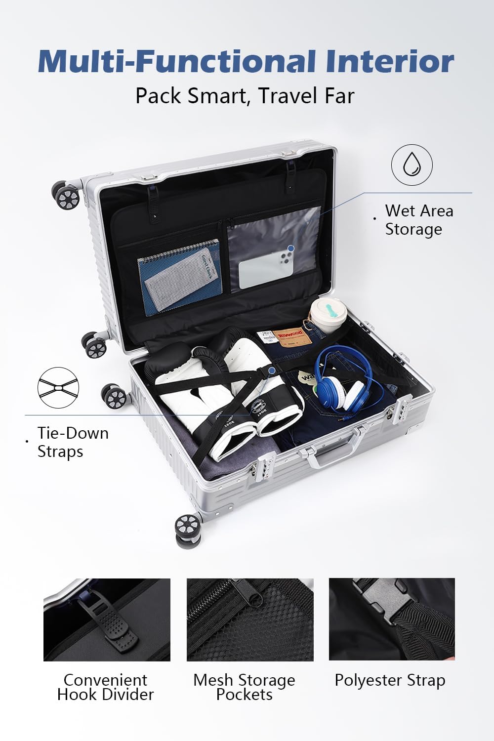 HotWay Checked In Luggage with Spinner Wheels, PC Hard Shell Zipperless Suitcase with Aluminum Frame and TSA Lock, Lightweight Suitcase for Business Travel, (White, 24 Inch)
