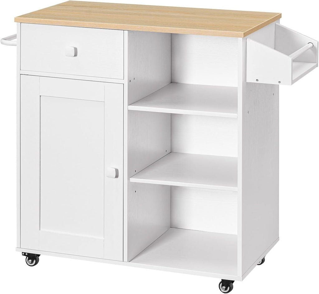 HOOBRO Kitchen Island, Storage Cabinet with Drawer, Kitchen Cart with Spice and Towel Rack, Saving Space, Easy Assembly, for Living Room, White and Natural WN12ZD01
