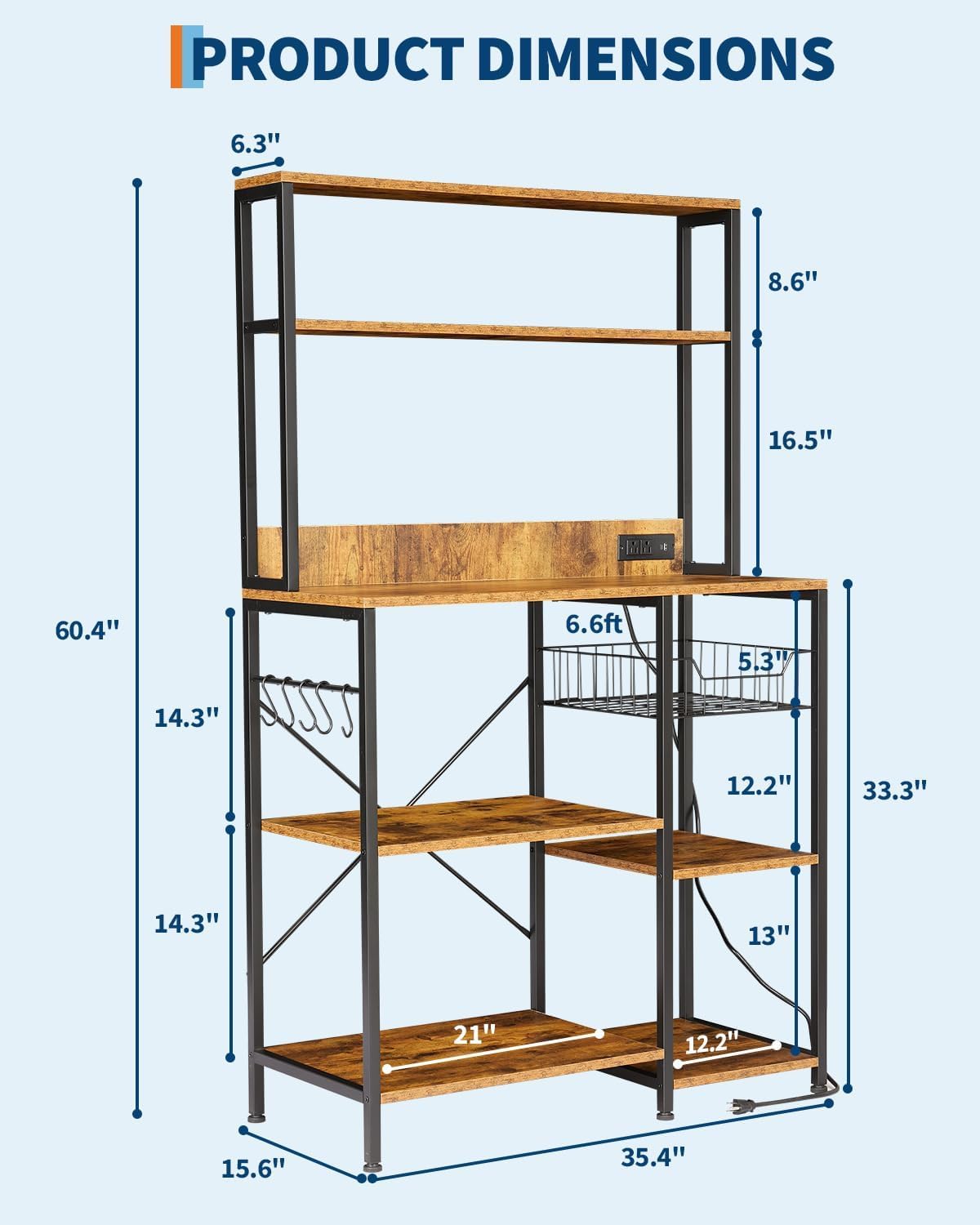 TrailBlaze Kitchen Bakers Rack with Power Outlet – 4-Tier Microwave Oven Stand & Storage Shelf – Coffee Bar Table with 5 S Hooks, Hutch Cabinet Organizer for Spices & Pots – Rustic Brown