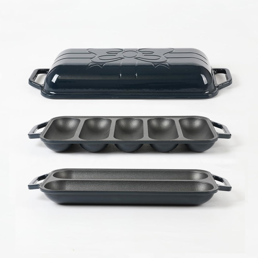 HAWOK Enameled Cast lron Baguette Bread Baker, 3-in-1 Baking Set with Full Baguette Tray, 5-Slot Mini Roll Tray & Reversible Lid Pan, 15 x 6.7 inch, Navy Blue