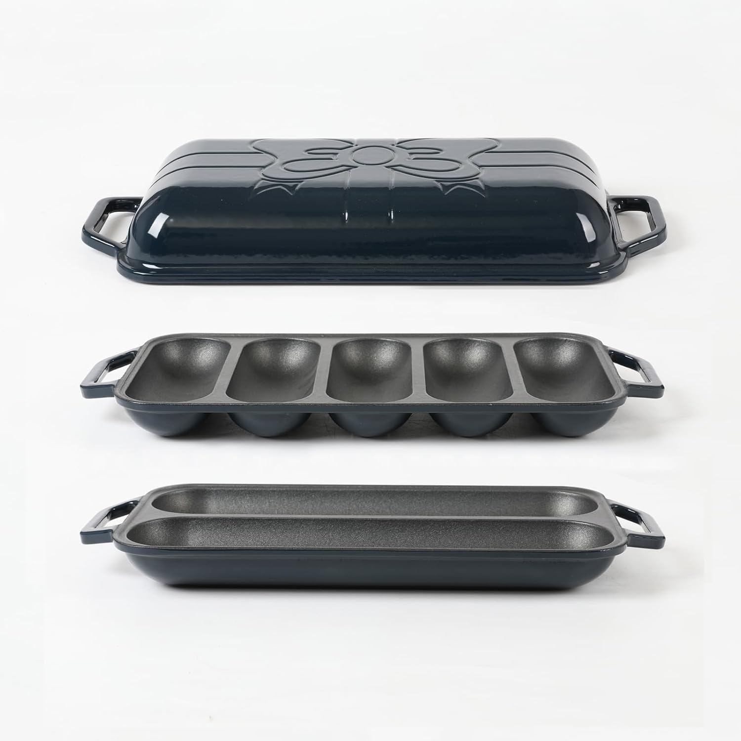 HAWOK Enameled Cast lron Baguette Bread Baker, 3-in-1 Baking Set with Full Baguette Tray, 5-Slot Mini Roll Tray & Reversible Lid Pan, 15 x 6.7 inch, Navy Blue