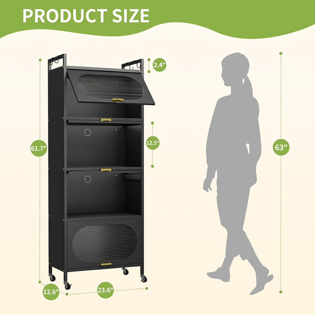 Kitchen Pantry Storage Cabinet,5 Tier Rolling Microwave Stand, Bakers Rack,Metal Pantry Cabinet with 4 Flip-up Doors for Kitchen,Living Room,Study (Black)
