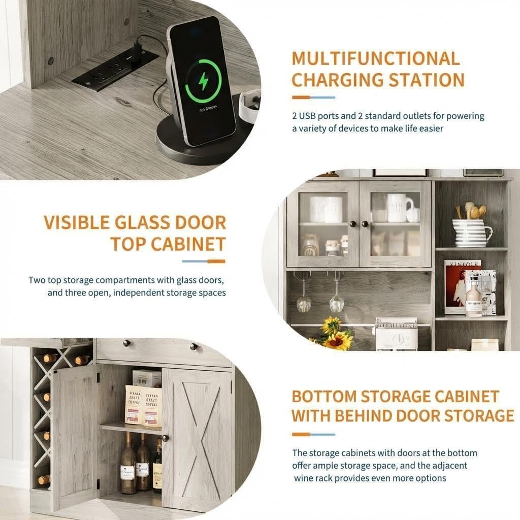 Wine Bar Cabinet with Built-in Power Outlets & Barn Doors - Sideboard Buffet with Wine Bottle Rack & Charging Station for Kitchen, Dining Room, Living Room