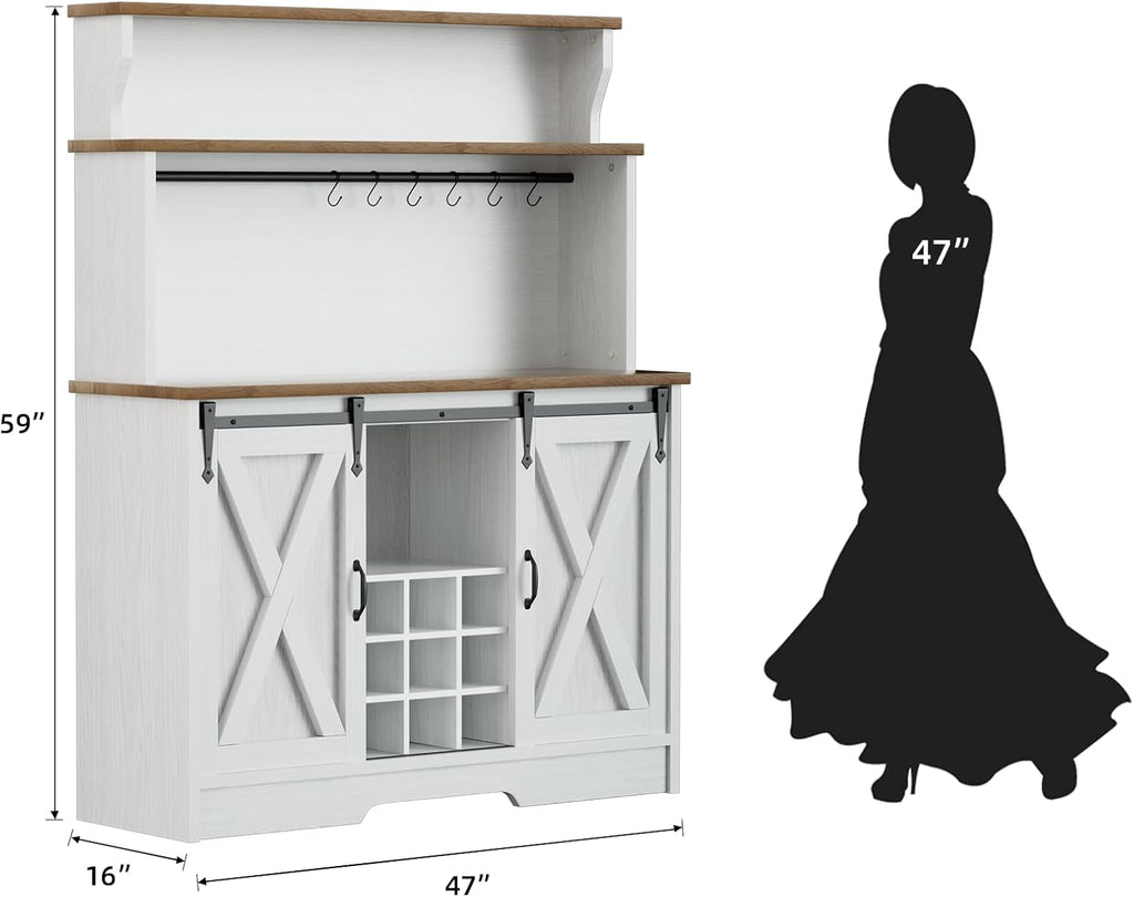 BestHaped Farmhouse Coffee Bar Cabinet with 3 Tier Storage Hutch, 47'' Coffee Bar Station with Sliding Barn Door, Hutch Storage Cabinet with 9 Wine Racks & 9 Hooks for Kitchen Dining Living Room