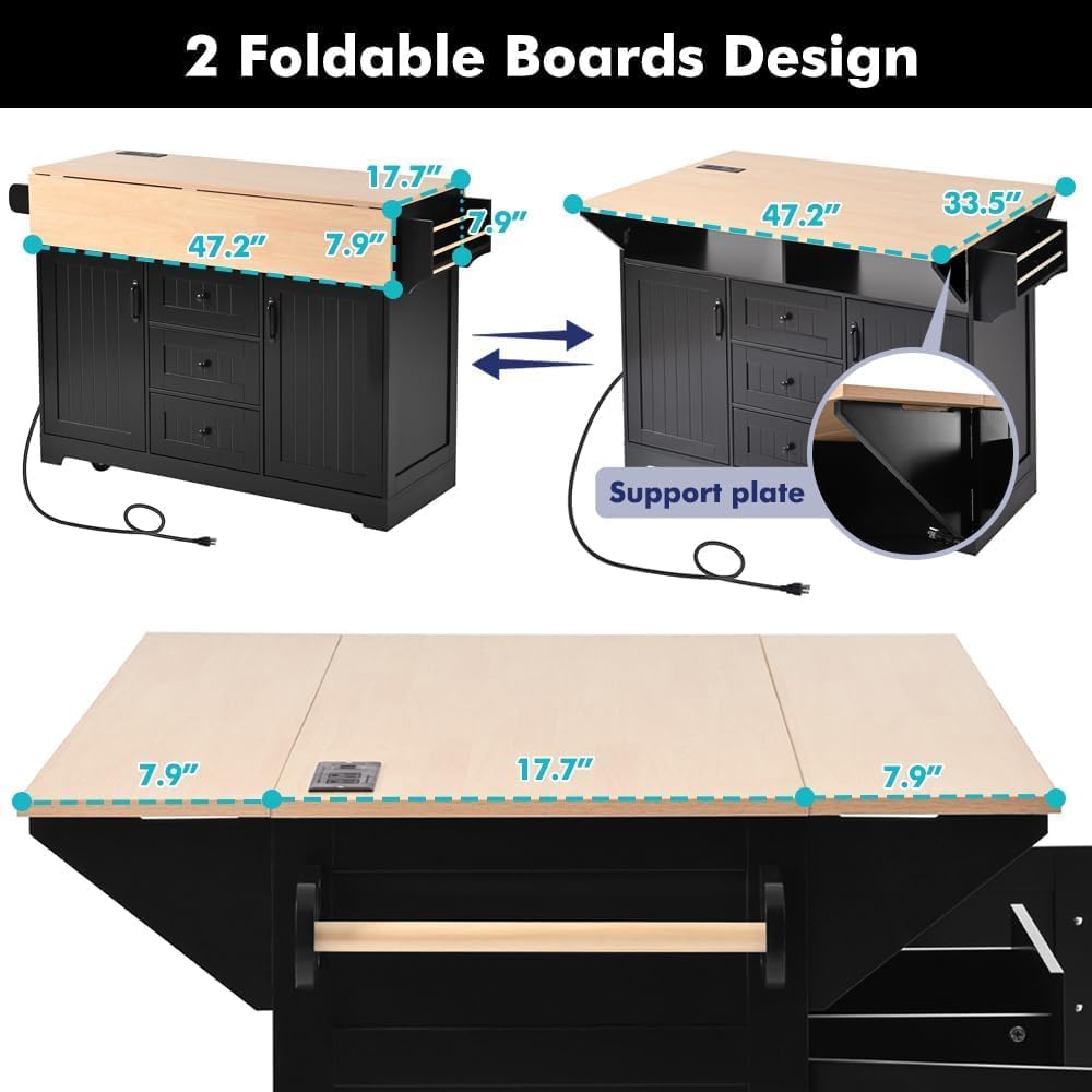Kitchen Island with 2 Drop Leaf, Home Cart Island on Wheels Foldable Dining Table with Power Outlets,3 Drawers,Storage Cabinet, Tower Rack(Black)