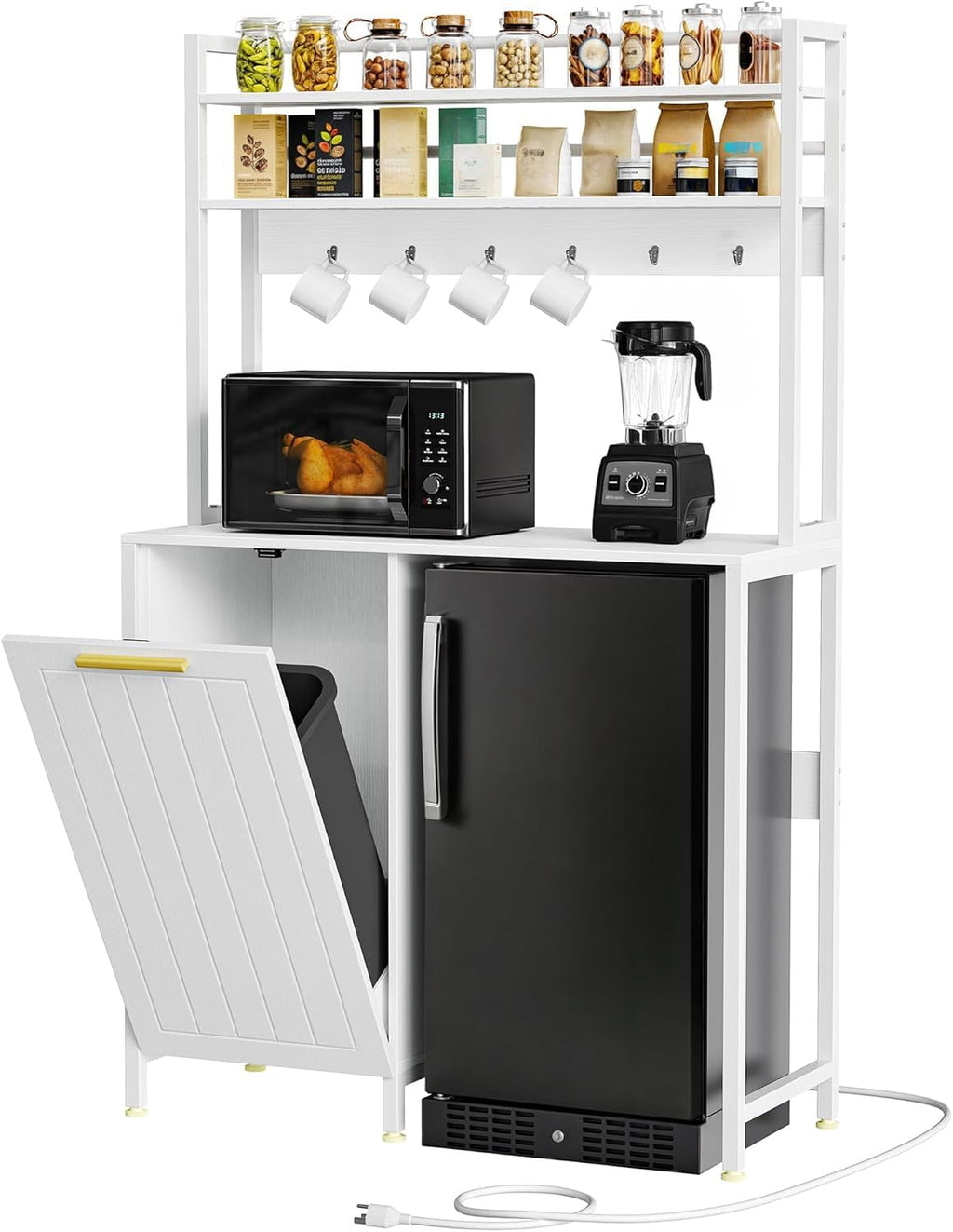 DWVO 63' Tall 39.4' Wide Fridge Stand with Tilt Out Trash Can Fit 10 Gallon,Storage Bakers, Kitchen Rack with Power Outlets Freestadning Coffee Bar Cabinet 3-Tiers Coffee Stand Station White