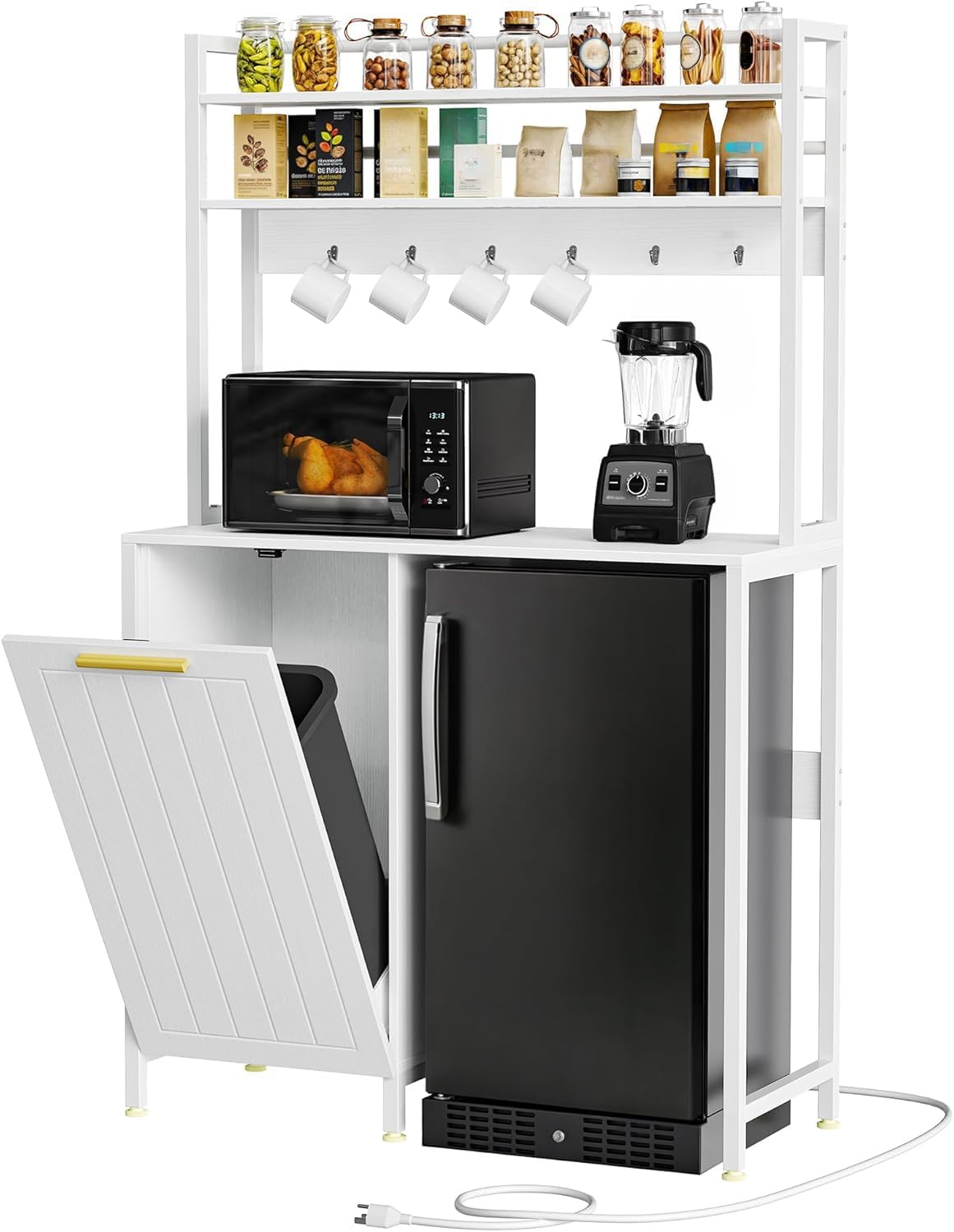 DWVO 63' Tall 39.4' Wide Fridge Stand with Tilt Out Trash Can Fit 10 Gallon,Storage Bakers, Kitchen Rack with Power Outlets Freestadning Coffee Bar Cabinet 3-Tiers Coffee Stand Station White