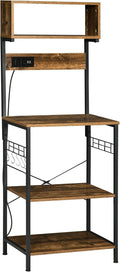 Kitchen Bakers Rack with Power Outlet, USB Charger - Microwave Stand & Coffee Bar, Adjustable Shelves, 5 Hooks, Rustic Brown